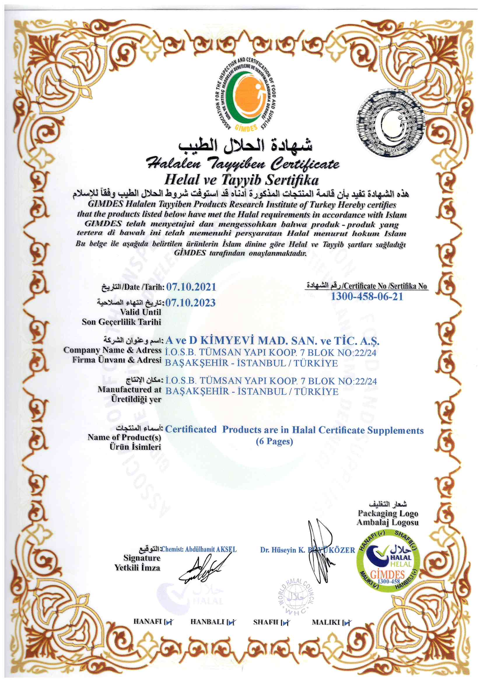 Sertifikalar - A ve D Kimyevi Mad. San. ve Tic. A.Ş.