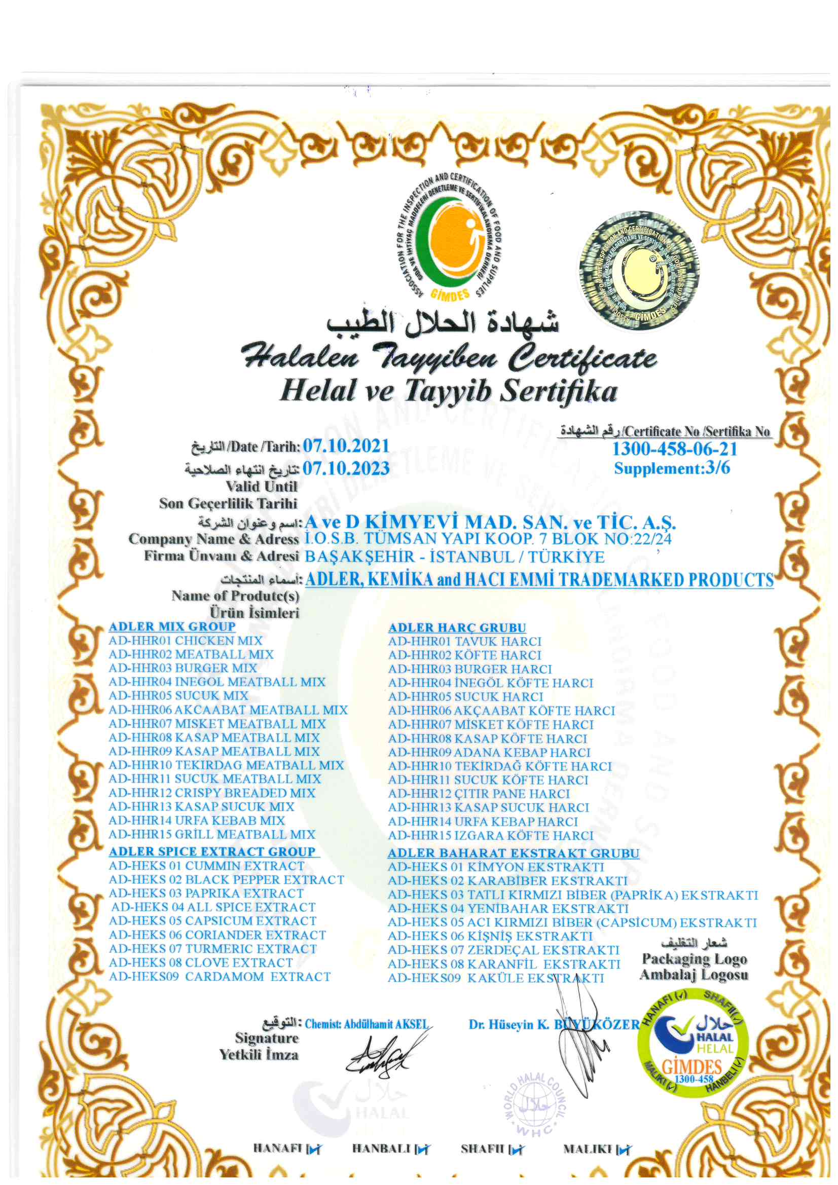 Sertifikalar - A ve D Kimyevi Mad. San. ve Tic. A.Ş.